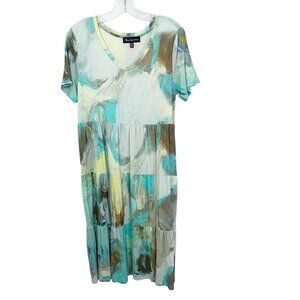 Claire Desjardins Abstract Artsy Print Tiered Midi Dress Jersey Knit Size MEDIUM
